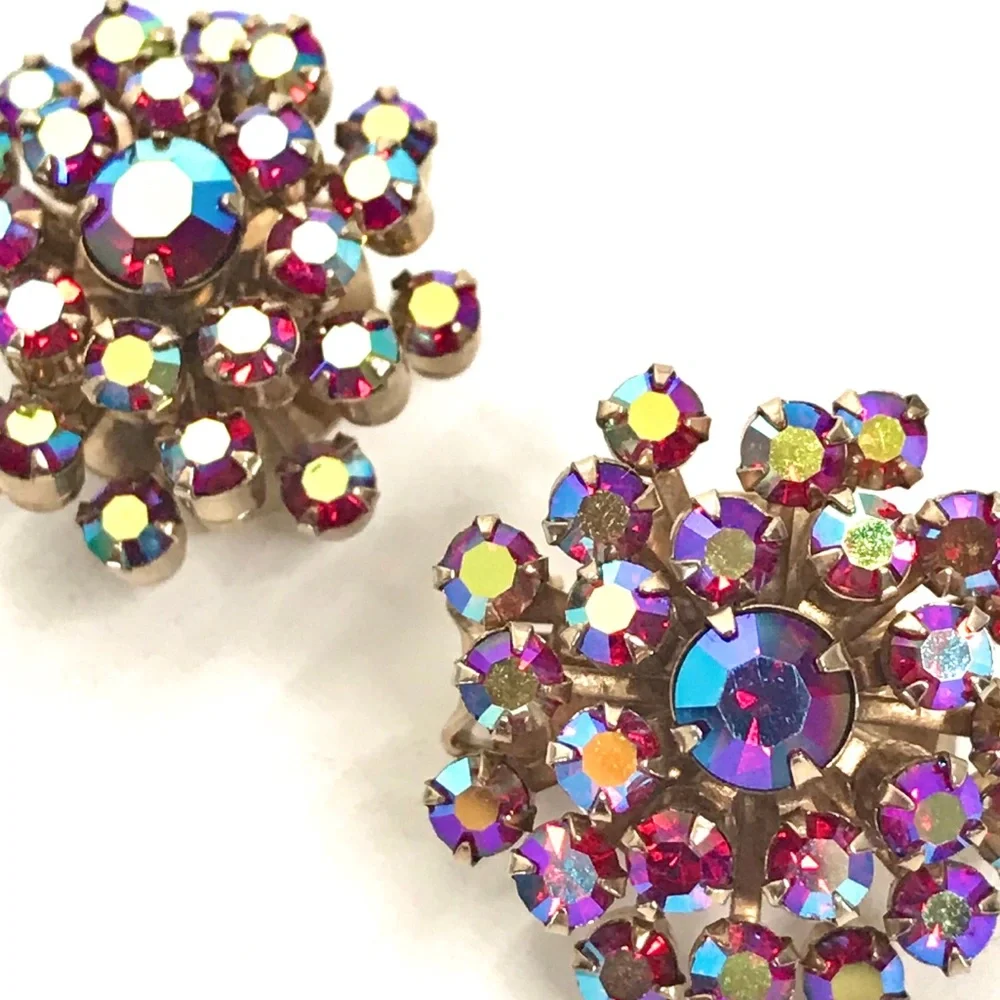 WEISS Vintage Rhinestone Ear Clips Red Designer